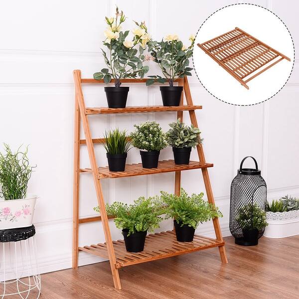 Shop Costway 3 Tier Outdoor Bamboo Flower Pot Shelf Stand Folding Display On Sale Overstock 16088548