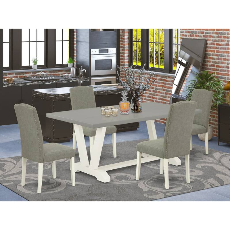 East West Furniture Dining Table Set- a Dining Table and Dark Shitake Linen Fabric Chairs, Linen White(Pieces Options)