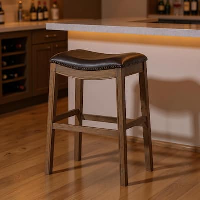 HomeRoots 31" Brown Faux Leather and Solid Wood Backless Bar Height Bar Chair