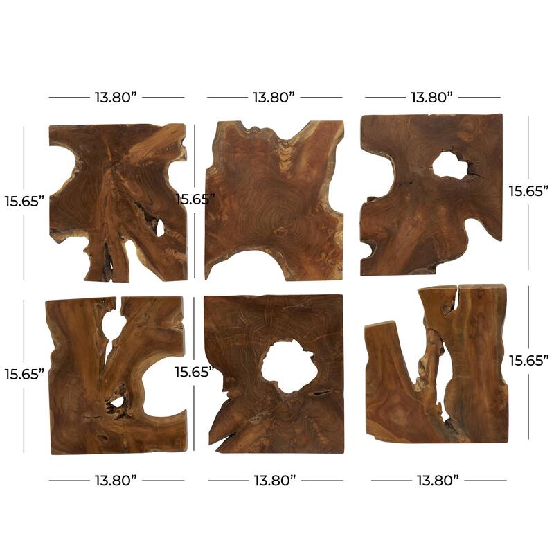 Teak Wood Abstract Handmade Live Edge Wood Slab Wall Decor - Set of 6 Brown - Roche River Decor