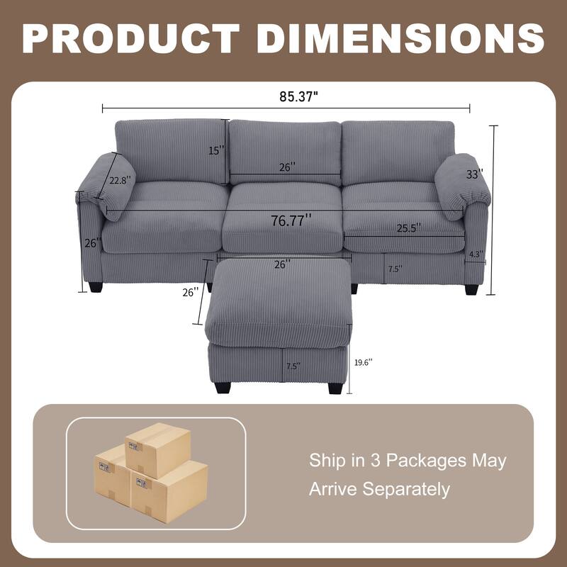 Multi-Seater Corduroy Sectional Sofa, Modular Settee, Included Removable Ottomans