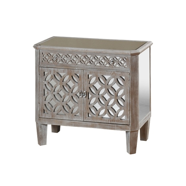 StyleCraft SC-SF24469 33 1/2" Wide Single Drawer Glass and Wood Accent Cabinet with Mirrored Filigree Design - Driftwood Gray