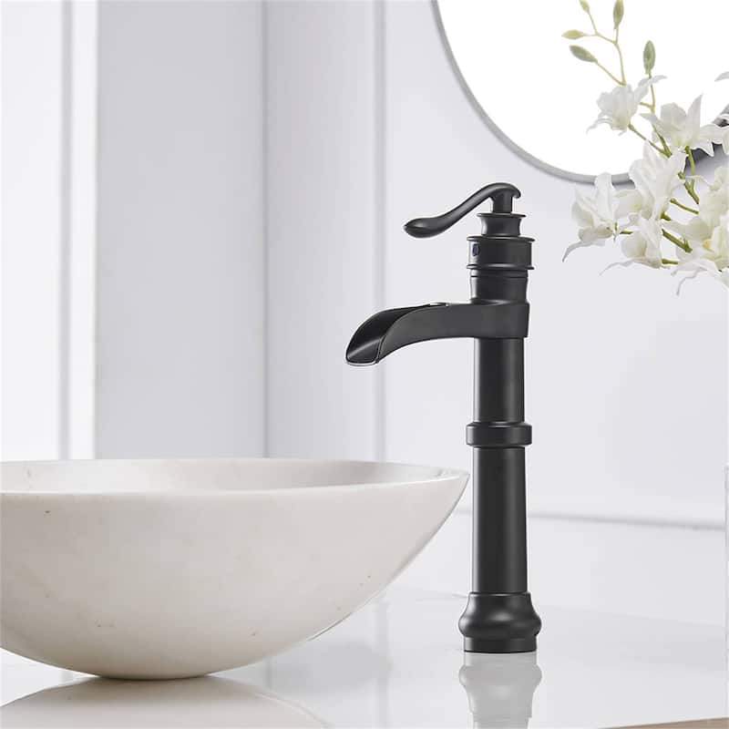 Waterfall Bathroom Vessel Faucet With Drain Assembly Single Handle Bathroom Vessel Sink Faucets One Hole Modern Basin High Taps - Matte Black
