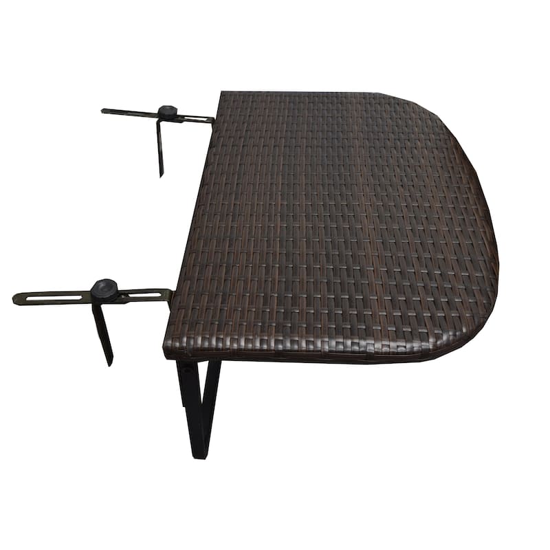 Indoor and Outdoor Foldable Wicker Balcony Table with Metal Frame and Adjustable Clamps - Brown