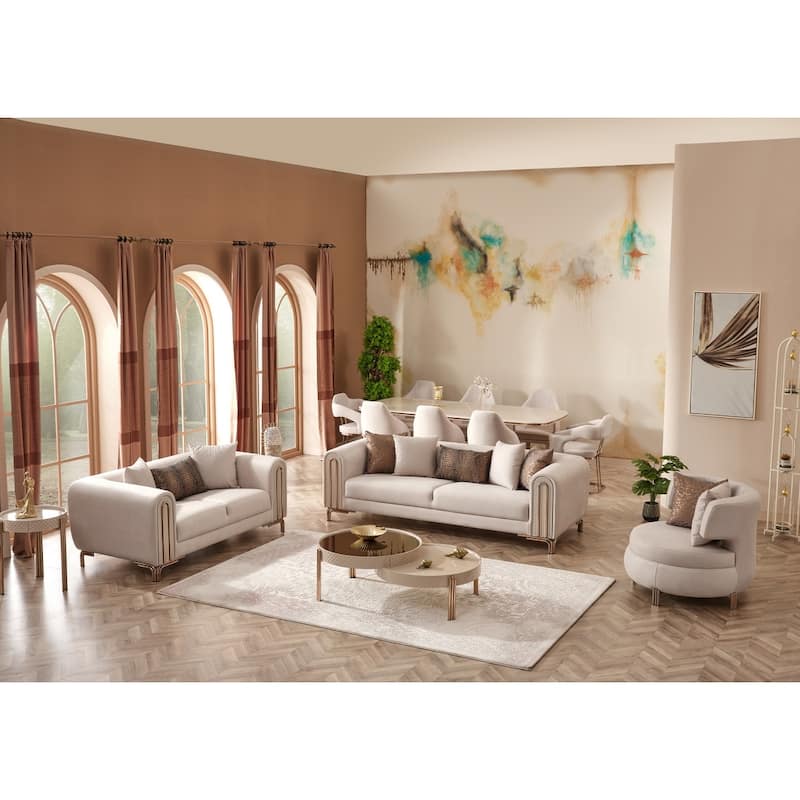 Pretoria 3-Pieces One Sofa One Loveseat One Chair Living Room Set, Metal Leg - Cream
