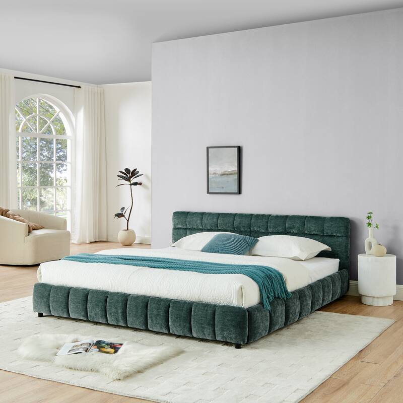 Block Thick Chenille Low Profile Platform Bed Fabric Upholstered Bedframe with Headboard Solid Wood Frame - Optional Storage Bed