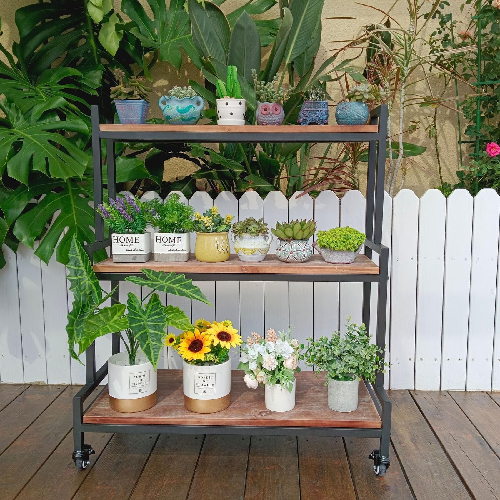 Rustic Plant Stand with Wheels, Rolling Plant Shelves Rack, Metal