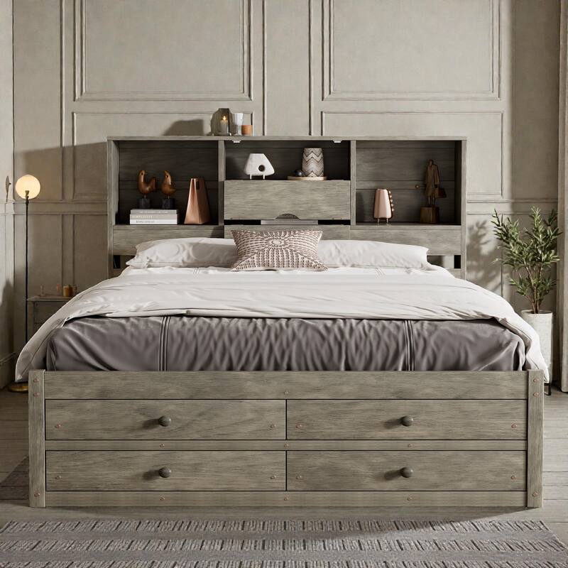 Platform Bed with Headboard Storage and 8 Drawers, Wood Bed Frame with Shelves and No Box Spring Needed - Grey - Queen