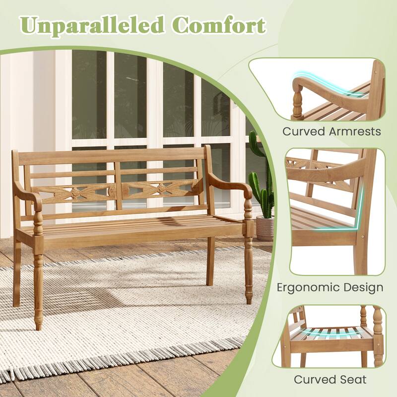 Teak Wood Patio Bench for 2 with Comfortable Backrest & Armrests - 47" L x 20" W x 32.5" H