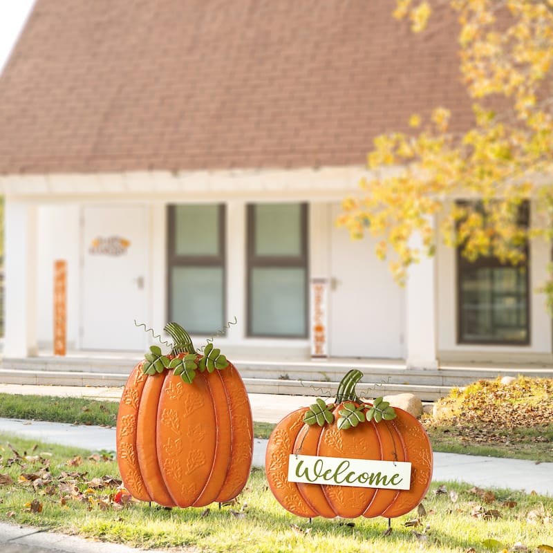 Glitzhome Set of 2 Fall Metal Embossed Glitter Pumpkin Porch Decor