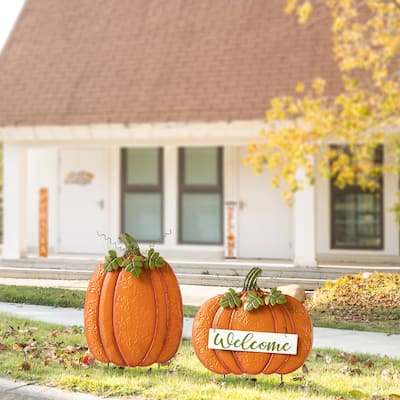 Glitzhome Set of 2 Fall Metal Embossed Glitter Pumpkin Porch Decor
