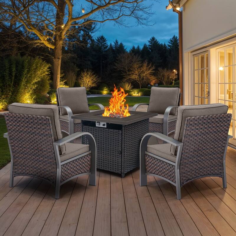 Outdoor Fire Pit with Funiture Set - Brown Rattan - Grey Cushion - 5PC-Patio Chair w/ Rattan Fire Table