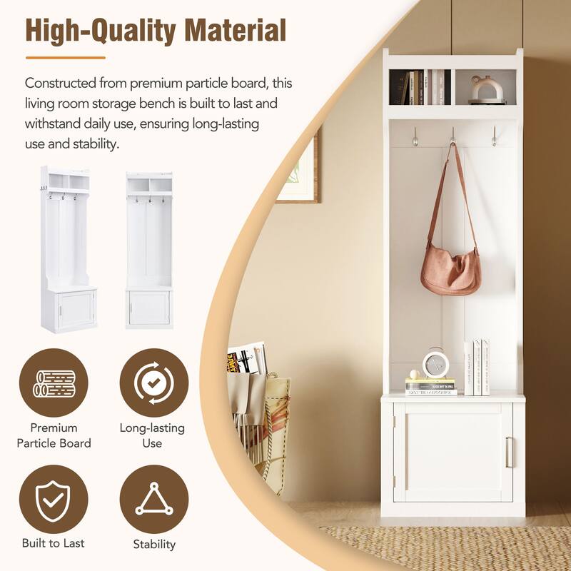 Minimalist Slim Hall Tree with Cabinet & 6 Hanging Hooks, Shoe Storage Bench with Coat Rack, Elegant Foyer Cabinet for Hallway