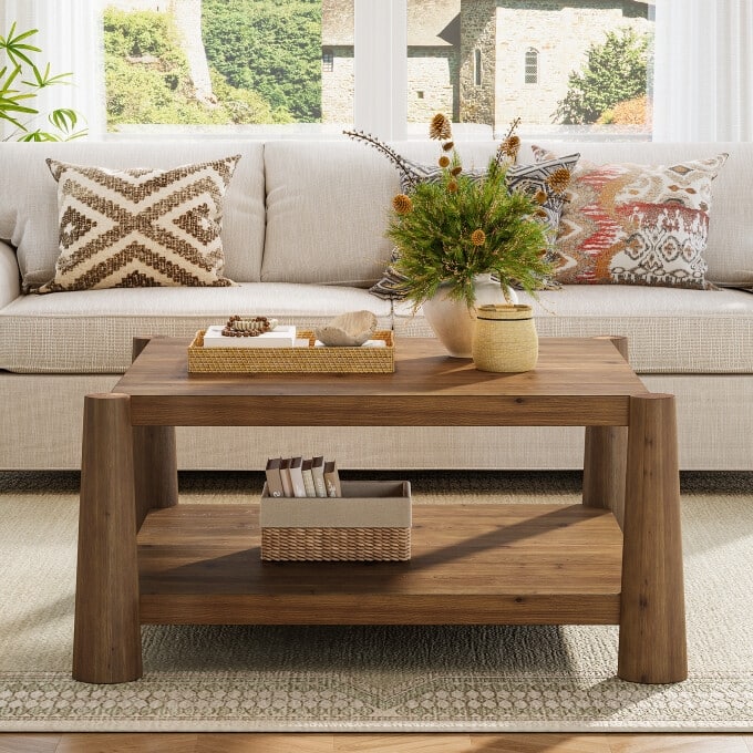 34" Square Solid Wood Coffee Table, Rustic Living Room Center Table