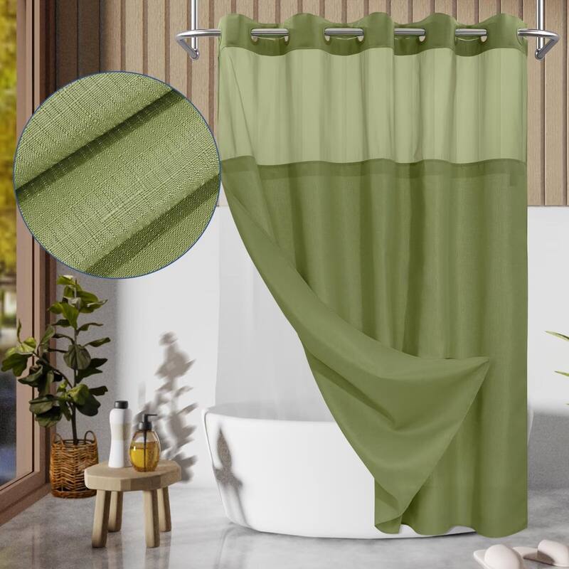 No Hook Slub Linen Texture Shower Curtain with PEVA Snap-in Liner - 71"W x 74"L - Sage