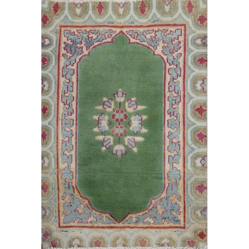 Hand Knotted Oriental 100% Wool Carpet Traditional Medallion Green Kerman Area Rug - 2' 6'' X 1' 10''
