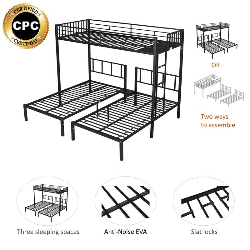 Sturdy Triple Twin Bunk Bed, 3-in-1 Metal Bed with Safety Features