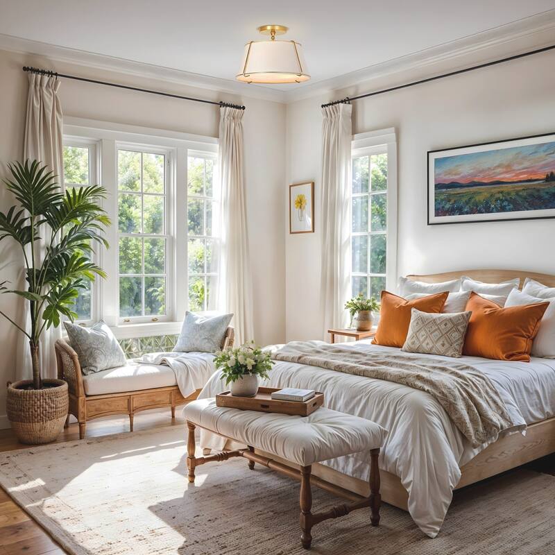 Crest Semi-Flush Mount - Metal, Fabric & Gold, Ivory White Ceiling Light for Bedroom or Hallway in Modern, Transitional Style