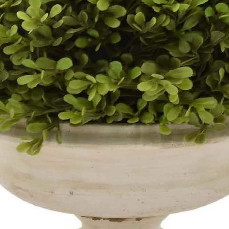 15 Inch Faux Boxwood Topiary Plant in Urn Pedestal Pot, Off White Planter
