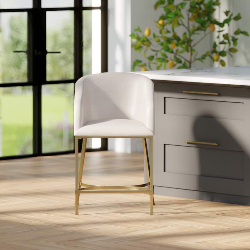 Hampton Modern Bar Stool, Faux Leather and Gold Finish Metal Frame - White - Counter Height