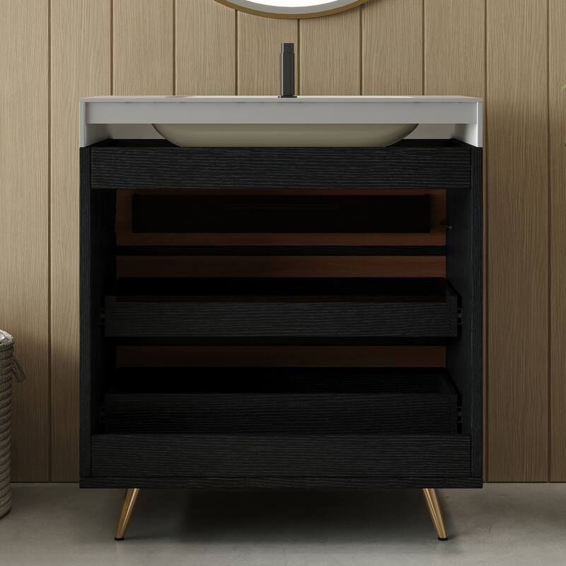 Modern Free-Standing Bathroom Vanity with Ceramic Vessel Sink & Durable Sintered Stone Top