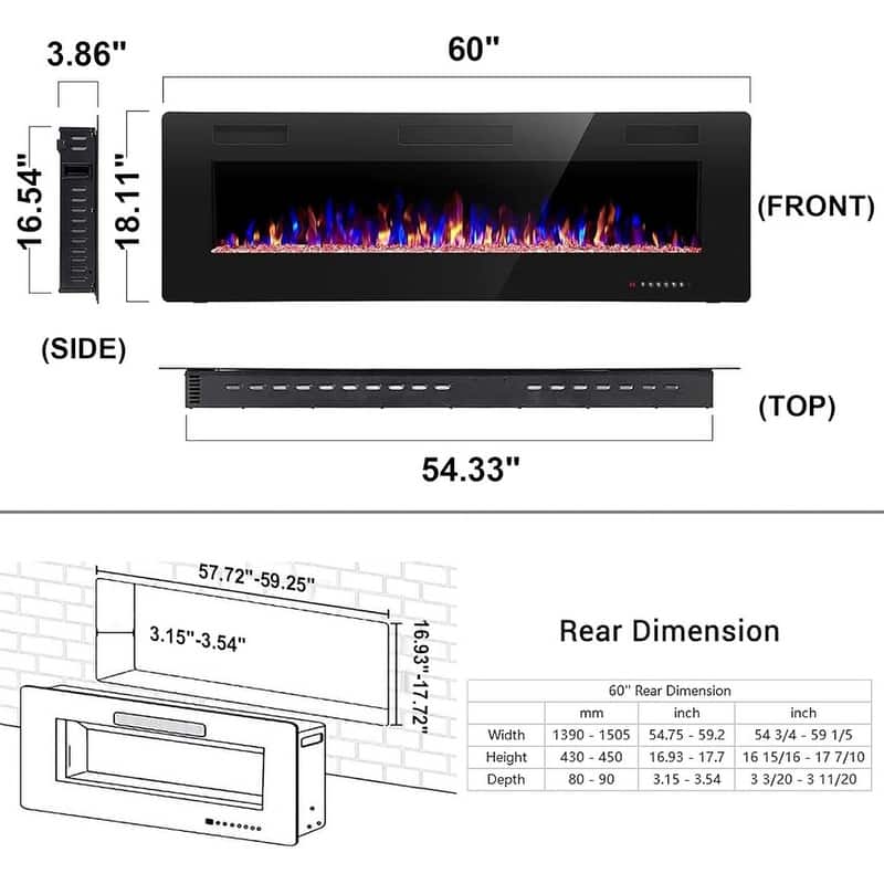 Electric Fireplace Heater Recessed Wall-mounted w/ RC (750-1500W) - 60 inch
