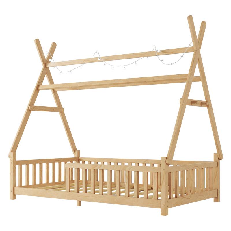 Twin House Bed with Light & Fence Roof for Kids Boys Girls - Natural