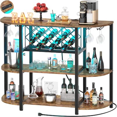 4-Tier Wine Bar Cabinet with Outlet and LED Light,Freestanding Bar Table with Glass Holder and Wine Storage