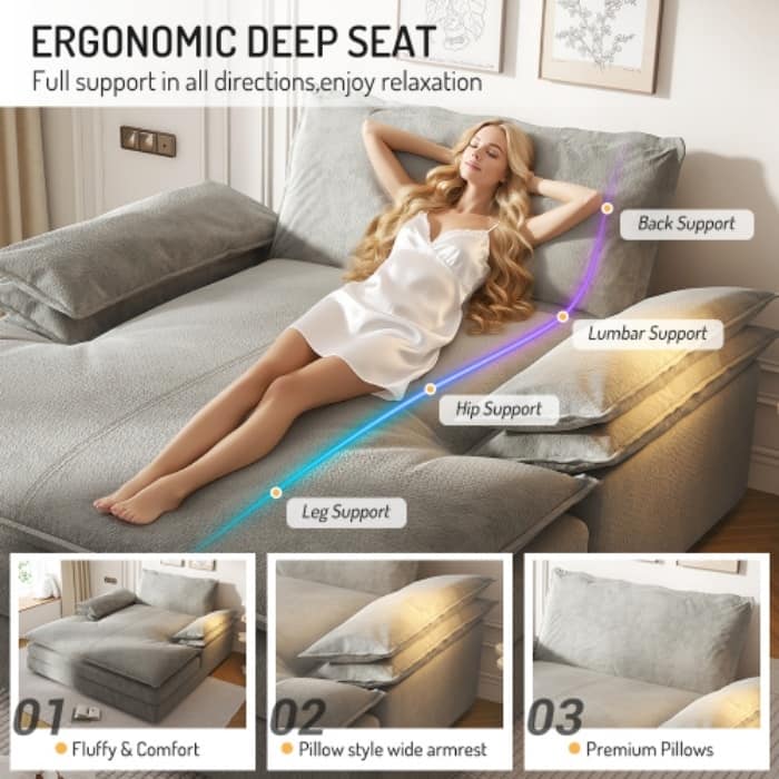 Oversized Double Chaise Lounge Chair, Upholstered Chenille Reading Chair with Large Pillows & Wide Armrests