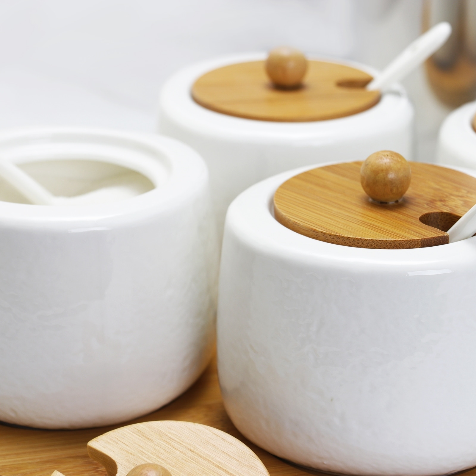 Elama Ceramic Condiment Jars with Bamboo Lids and Serving Spoons