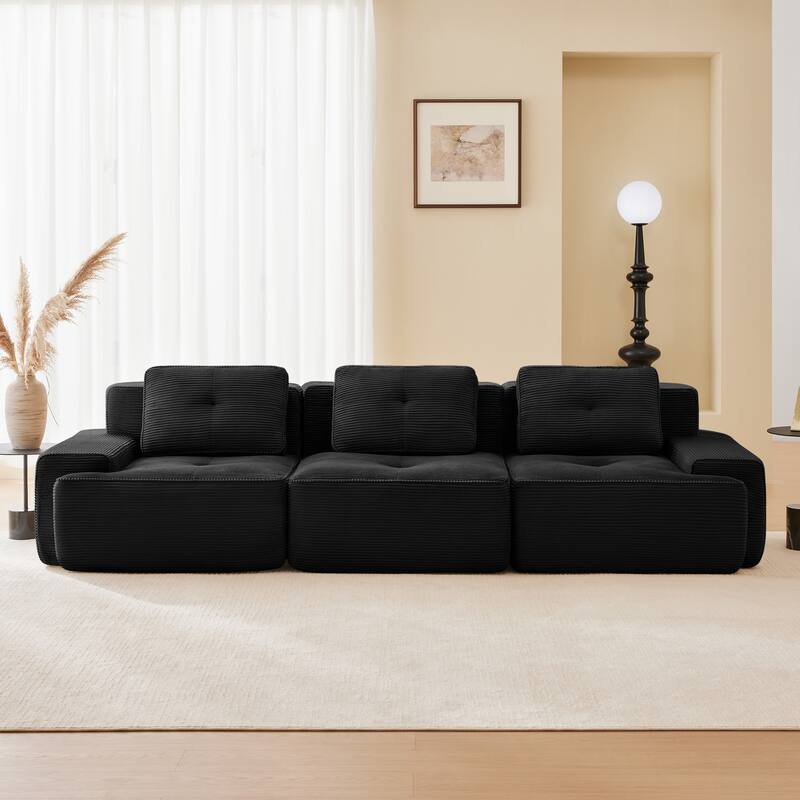Roomfitters No Assembly Modular Sofa, 117 Inch Corduroy 3-Seater with Piping, Black