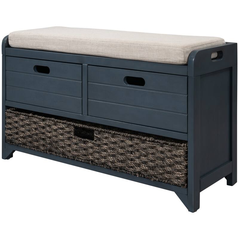 Storage Bench with Removable Basket and 2 Drawers, Fully Assembled Shoe Bench with Removable Cushion