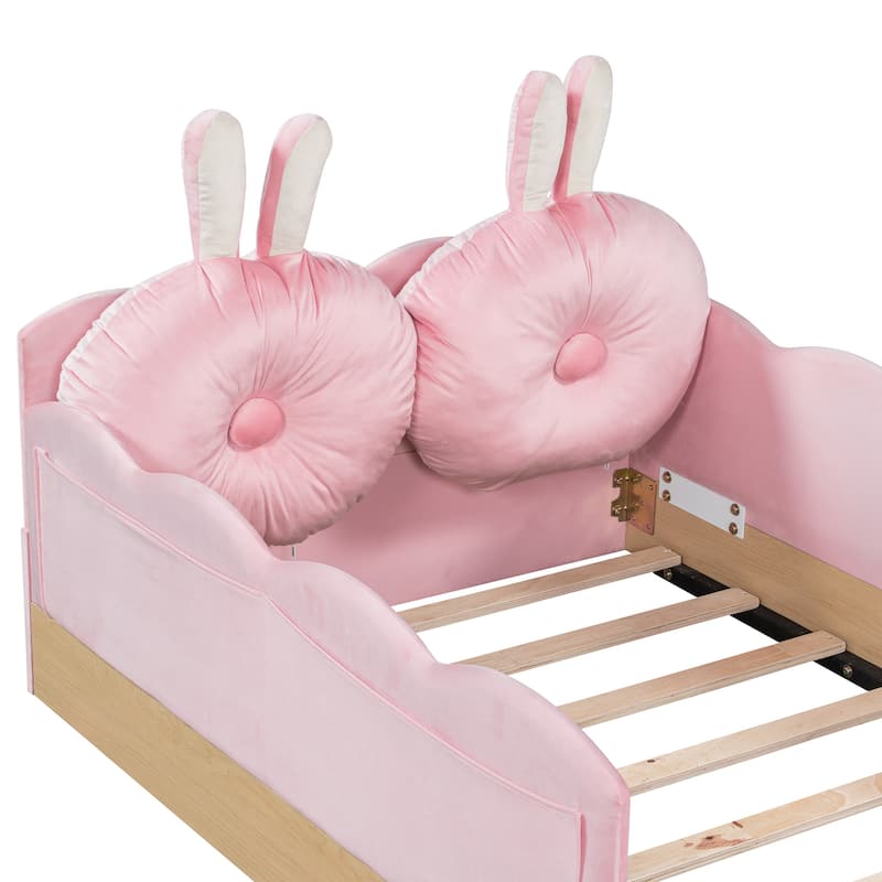 Twin Size Upholstered Bed with Bunny Ear Shape Pillows and Rabbit Tail Footboard, Storage Bags, Wave Frame Platform Bed