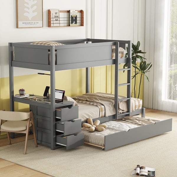slide 2 of 9, Gray Bunk Bed with Twin Trundle, Desk, Drawers, USB Outlets, Guardrails Twin-over-Twin - Gray