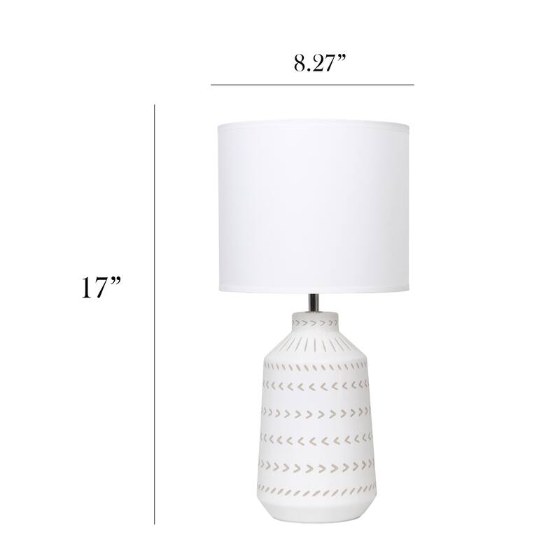 Tribal Hand Painted Ceramic Table Lamp with White Drum Shade - 17" - Cream