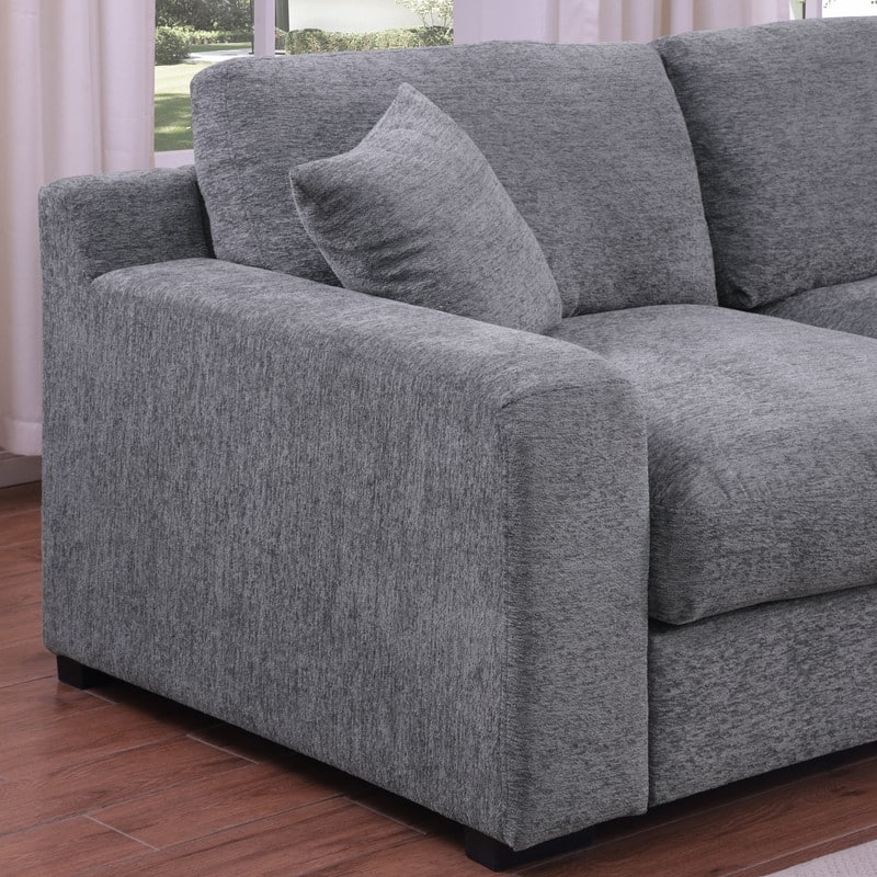 Celine 128"W Light Gray Chenille Fabric Corner Sectional Sofa with Right-Facing Chaise, Cupholders, and Charging Ports