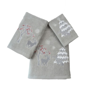 Xmas Premium Decor Soft 100% Cotton Embroidered Bathroom Modern 3 Piece Christmas Towel Set, Silver Red White Color Silver Deer