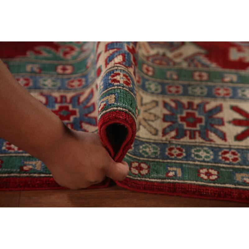 Red Geometric Kazak Oriental Area Rug Hand-Knotted Wool Carpet - 6'8" x 9'7"