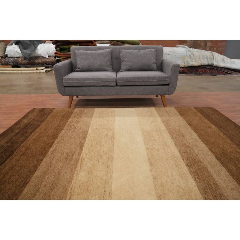Hand Knotted Oriental 100% Wool Carpet Modern Stripe Brown Gabbeh Area Rug - 8' 3'' X 6' 3''