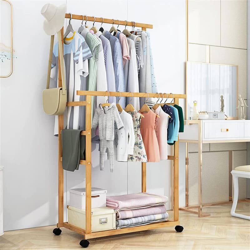 Clothing Rack Bamboo Garment Rack Rolling Coat Hanging Stand - 31.5x15.7x63 inch