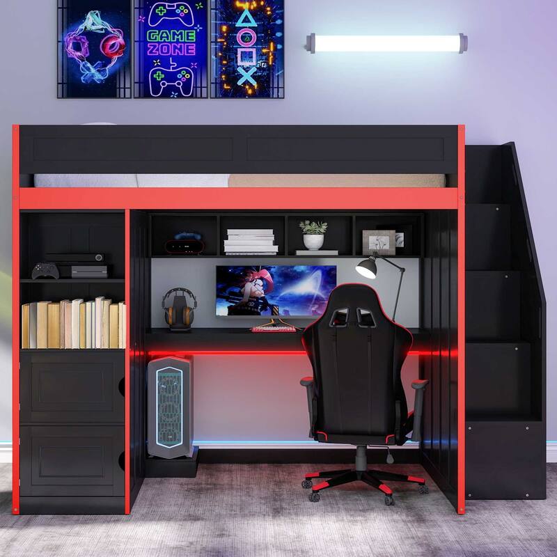 Black Gaming Loft Bed with Wardrobe, Desk, LED Lights, Cabinets and Storage Stairs