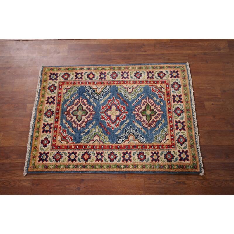 Blue Geometric Kazak Rug Handmade Oriental Wool Carpet - 2'1" x 2'10"