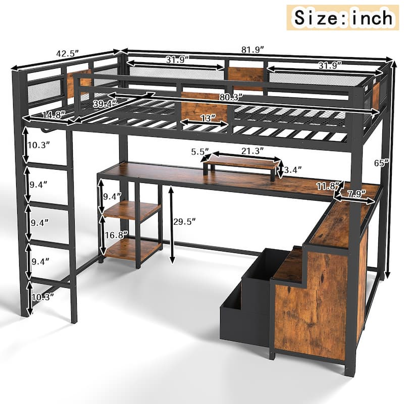 Twin XL Loft Bed with Desk and Storage Non-woven Fabric Drawers with Ladders, Nosie-free and No Spring Box Needed