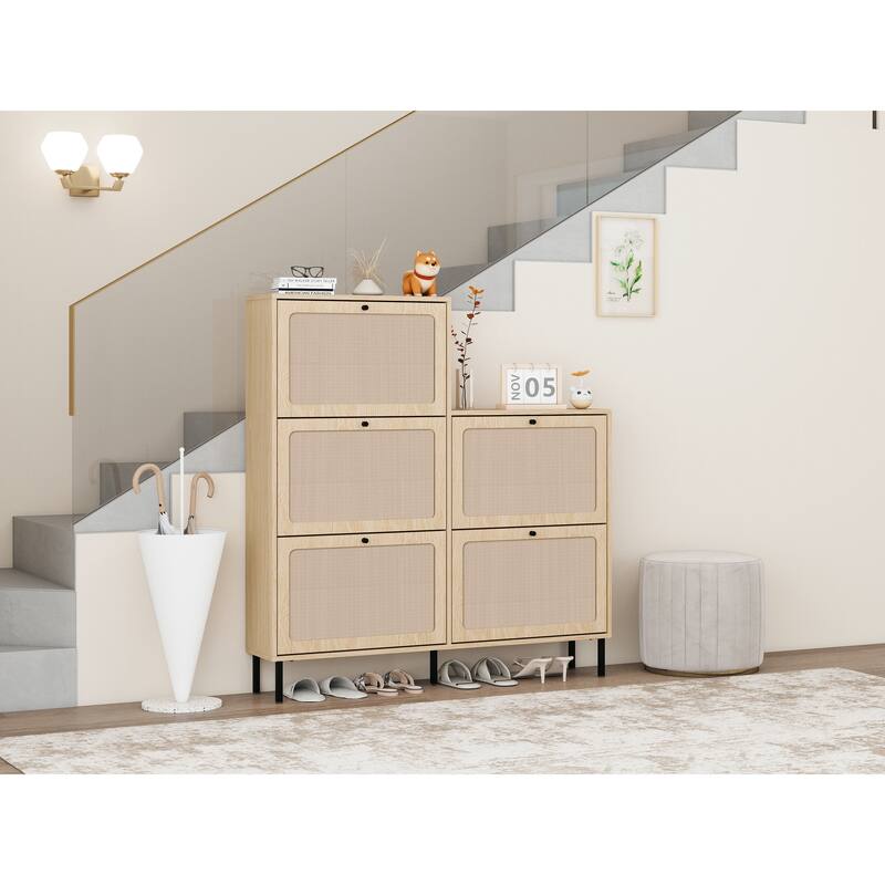 Rattan 5 Door Shoe Rack, Freestanding Modern Shoe Storage Cabinet, for Entryway