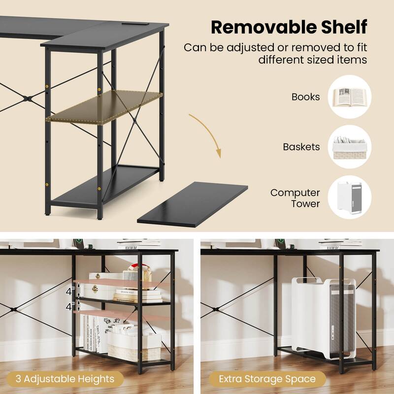 Costway L-Shaped Computer Desk with Power Outlets Adjustable shelf