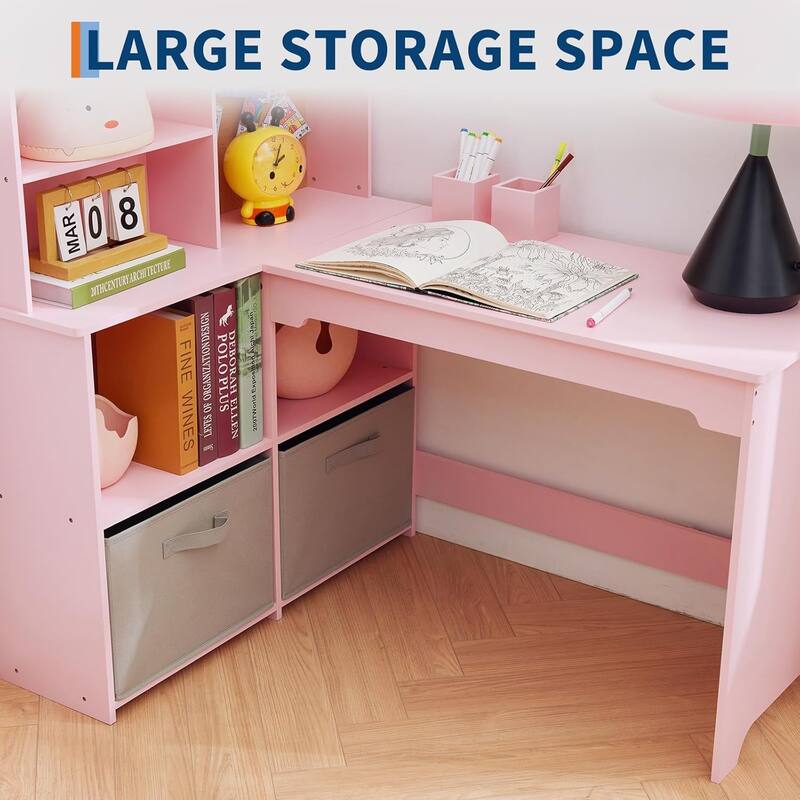 Kids Corner Desk, Desk and Chair Set for Children Features Bulletin Board Open Shelves & Storage Cabinets