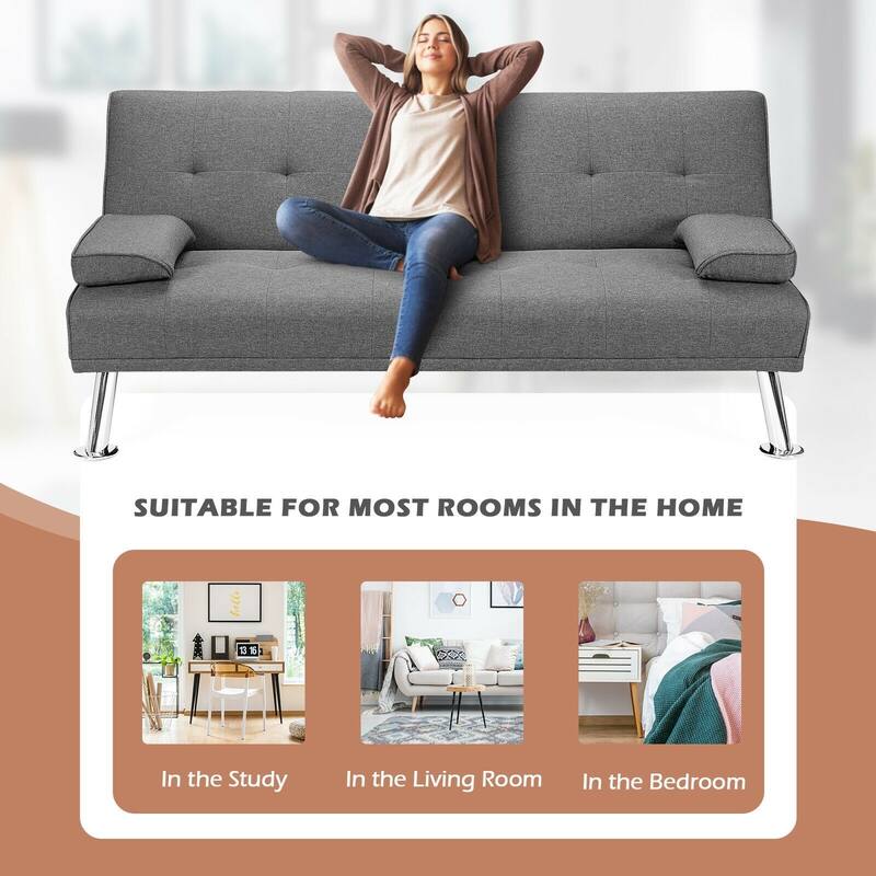 Convertible Folding Futon Sofa Bed Fabric with 2 Cup Holders - 66" x 31.5" x 29.5"