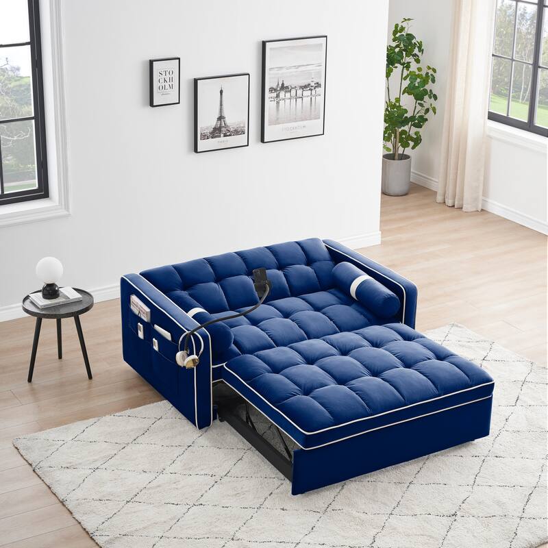 Blue 55'' Convertible 2-Seater Velvet Sleeper Sofa with Pull-Out Bed, Adjustable Recliner, Side Pockets, and Phone Holder