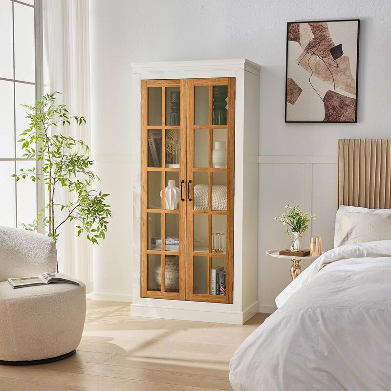 71.2'' Freestanding Pantry Cabinet with Glass Door, Farmhouse Display Cabinets with Storage, Curio Cabinet with Lattice Window