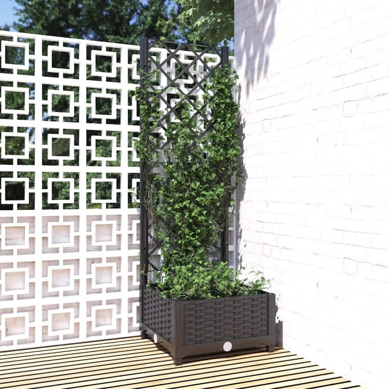 vidaXL Garden Planter with Trellis Plant Pot Flower Box Raised Bed Outdoor PP - 15.7" x 15.7" x 47.8" - Black